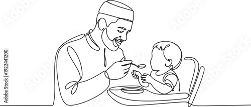 Single continuous line drawing of young Islamic father feeding his toddler girl on baby dining table. Arabian muslim happy family fatherhood concept. one line Icon drawing
