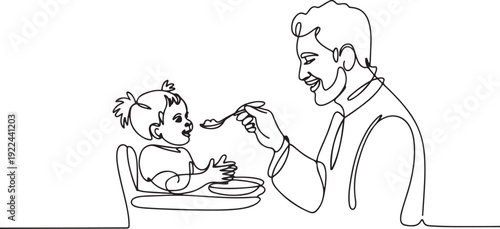 Single continuous line drawing of young Islamic father feeding his toddler girl on baby dining table. Arabian muslim happy family fatherhood concept. one line Icon drawing
