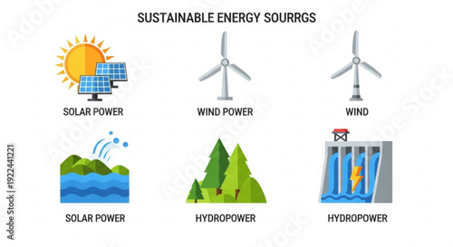 Sustainable energy sources infographic with solar wind and hydropower icons on white background