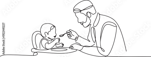 Single continuous line drawing of young Islamic father feeding his toddler girl on baby dining table. Arabian muslim happy family fatherhood concept. one line Icon drawing