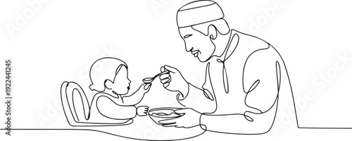 Single continuous line drawing of young Islamic father feeding his toddler girl on baby dining table. Arabian muslim happy family fatherhood concept. one line Icon drawing
