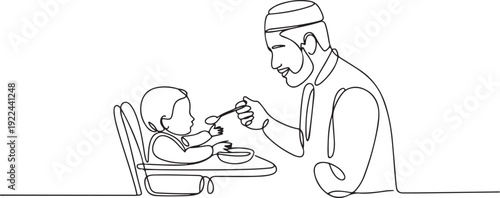 Single continuous line drawing of young Islamic father feeding his toddler girl on baby dining table. Arabian muslim happy family fatherhood concept. one line Icon drawing