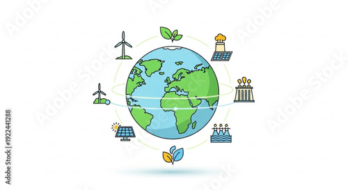 Sustainable energy sources surrounding earth eco friendly icons renewable resources global conservation clean power generation environmental protection