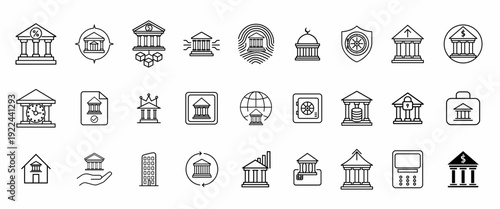 Bank and Finance Line Icon Collection. Containing Bank Building, ATM, Safe, Loan, Credit Card, Government Office and more icons.