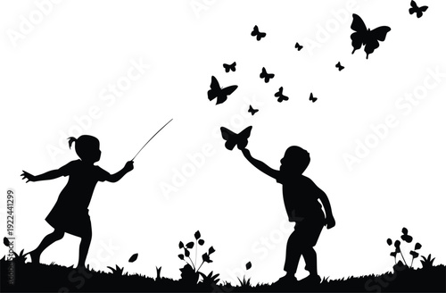 Joyful children running and flying a kite on a grassy hill, with butterflies, depicting happy outdoor childhood play and freedom silhouettes vector