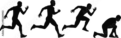 Sprinter Athlete Silhouettes in Running and Starting Positions, Dynamic Male Track and Field Training Vector Illustration Isolated on White Background
