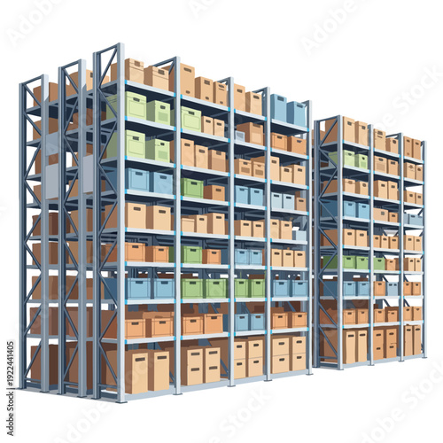 Organized Warehouse Storage Shelves with Color Coded Boxes and Bins
