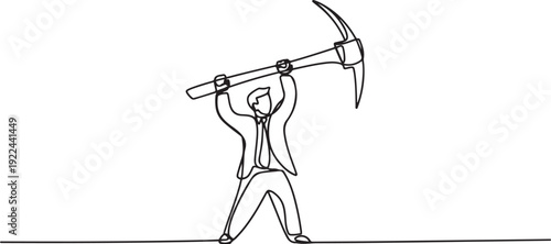 Single continuous line drawing young businessman standing and lifting big pickaxe. Depicts hard work, success, achievement, discovery. Success concept. one line Icon drawing