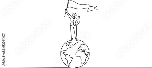 Single one line drawing of successful businesswoman standing on giant globe raising flag. Businesswoman celebrating victory. Metaphor of conquering the world. one line Icon drawing