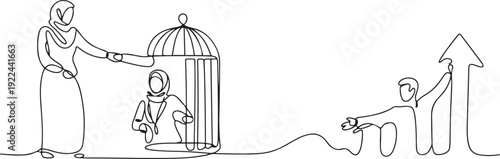 Single one line drawing Arab businesswoman who was free by colleague from trap of cage. Teamwork metaphor. Growing business together. Great relationship. one line Icon drawing
