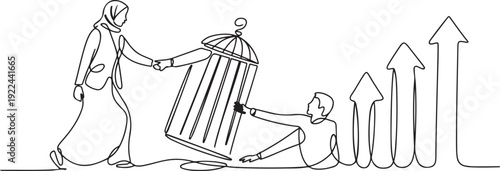 Single one line drawing Arab businesswoman who was free by colleague from trap of cage. Teamwork metaphor. Growing business together. Great relationship. one line Icon drawing