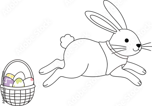 Happy easter bunny with pastel eggs in a basket runs quickly forward