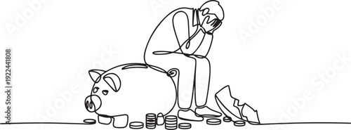 Single one line drawing businessman sit slump next to a large, destroyed piggy bank. Helpless. Not having a good financial plan. Financial problem. Mistake. one line Icon drawing