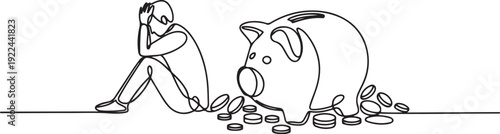 Single one line drawing businessman sit slump next to a large, destroyed piggy bank. Helpless. Not having a good financial plan. Financial problem. Mistake. one line Icon drawing