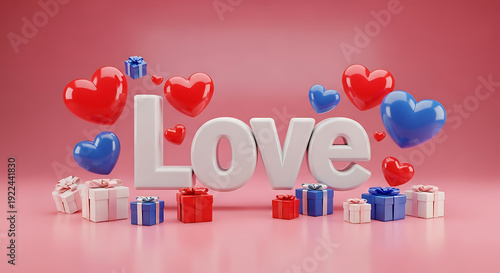 White Love Text with Red and Blue Hearts and Gift Boxes on Pink Background
