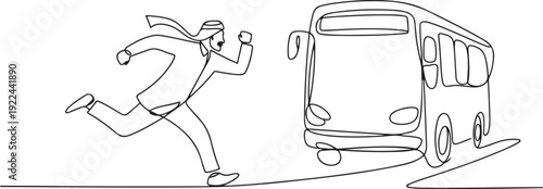 Single one line drawing Arab businessman running chasing bus. Male manager running for an outgoing bus. Latecomer office worker running to reach a bus. one line Icon drawing