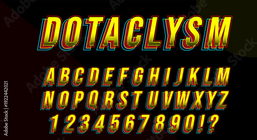 Dotaclysm Halftone Font - Bold Yellow Italic Gaming Alphabet with Cyan Outline