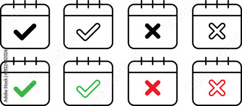 Set of calendar icons with checkmarks and crosses for planning and organization