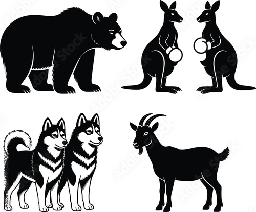 Black silhouette vector set of wild animals including grizzly bear, boxing kangaroos, husky dogs, and mountain goat isolated on a white background.