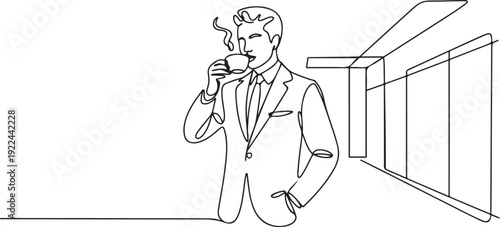 Single continuous line drawing of young handsome businessman holding a cup of coffee drink while pose standing at office corridor. Drinking tea concept. one line Icon drawing
