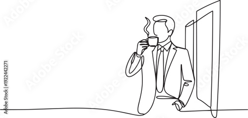 Single continuous line drawing of young handsome businessman holding a cup of coffee drink while pose standing at office corridor. Drinking tea concept. one line Icon drawing