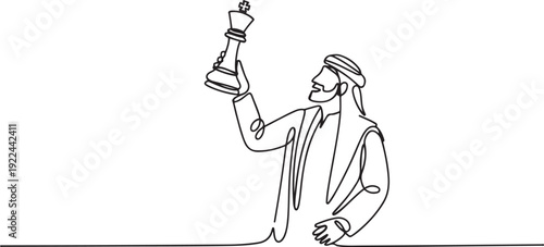 Single continuous line drawing Arabian businessman holding, lifting king chess piece. Successful entrepreneurship tactics or strategy, superiority in business. one line Icon drawing