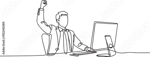 One single line drawing of young happy male manager sitting on chair and clenched fist raised in the air in front of computer. Success business deal concept. one line Icon drawing