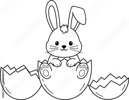 Cute cartoon bunny hatching from a broken eggshell in a simple illustration