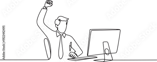One single line drawing of young happy male manager sitting on chair and clenched fist raised in the air in front of computer. Success business deal concept. one line Icon drawing