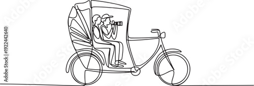 Single continuous line drawing rickshaw traditional transportation in India which serves local passengers and foreign tourists who are on vacation. one line Icon drawing