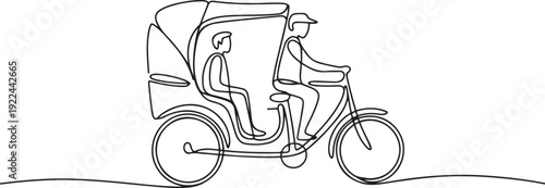 Single continuous line drawing rickshaw traditional transportation in India which serves local passengers and foreign tourists who are on vacation. one line Icon drawing