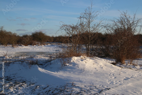 Earth wall covered in snow on the smal meadow