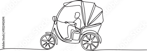 Single continuous line drawing rickshaw traditional transportation in India which serves local passengers and foreign tourists who are on vacation. one line Icon drawing