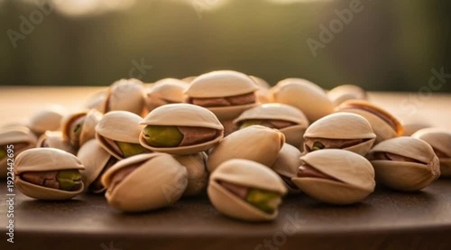 Image is a high-resolution, close-up photograph featuring a pile of pistachios on a wooden surface. The pistachios are in their shells, with some slightly open, revealing the green nut inside. The lig