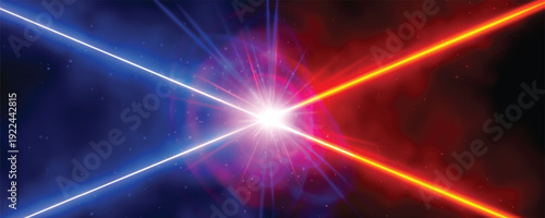 Laser effect background vs laser. Collision of blue and red lightning energy. Laser shocks and magic storm versus concept. Particle explosion for battle design. Release of abstract confrontation