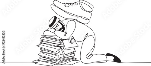 Single one line drawing fatigue Arabian businessman sleeping on pile of papers under big foot stomp. Tired exhausted deadline overloaded worker. one line Icon drawing