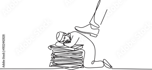 Single one line drawing fatigue Arabian businessman sleeping on pile of papers under big foot stomp. Tired exhausted deadline overloaded worker. one line Icon drawing