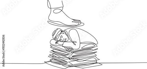 Single one line drawing fatigue Arabian businessman sleeping on pile of papers under big foot stomp. Tired exhausted deadline overloaded worker. one line Icon drawing