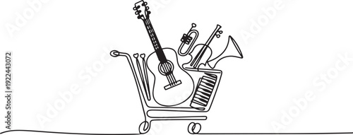 Continuous one line drawing shopping trolley containing acoustic guitar. Multi genre musical instruments. Equipment. Rhythm. Buy A Musical Instrument Day. one line Icon drawing