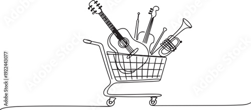 Continuous one line drawing shopping trolley containing acoustic guitar. Multi genre musical instruments. Equipment. Rhythm. Buy A Musical Instrument Day. one line Icon drawing