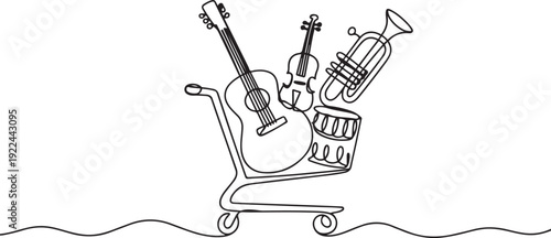 Continuous one line drawing shopping trolley containing acoustic guitar. Multi genre musical instruments. Equipment. Rhythm. Buy A Musical Instrument Day. one line Icon drawing