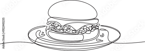 Continuous one line drawing open sloppy joe on a round plate. Filled with savory minced beef. Close the top of the bread. Enjoy. National Sloppy Joe Day. one line Icon drawing