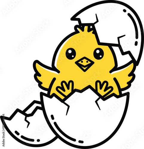Adorable cartoon chick emerging from a cracked eggshell with outstretched wings