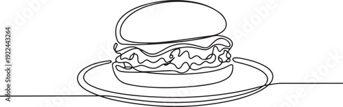 Continuous one line drawing open sloppy joe on a round plate. Filled with savory minced beef. Close the top of the bread. Enjoy. National Sloppy Joe Day. one line Icon drawing