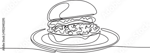 Continuous one line drawing open sloppy joe on a round plate. Filled with savory minced beef. Close the top of the bread. Enjoy. National Sloppy Joe Day. one line Icon drawing