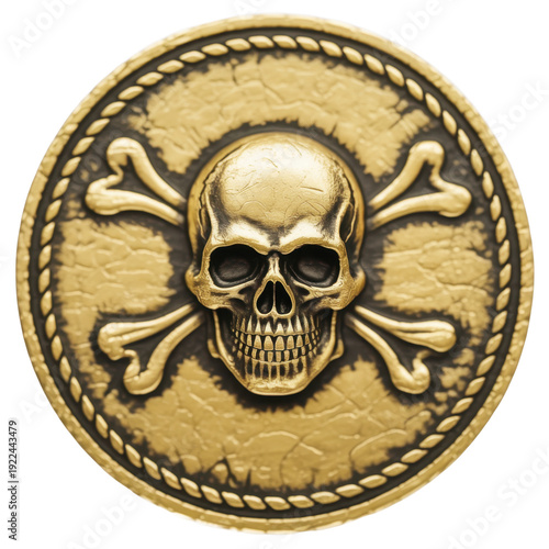 Gold skull and crossbones emblem pirate isolated on a transparent background