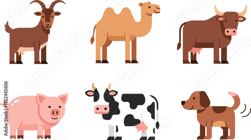 Flat vector illustration set of domestic farm animal character collection including goat camel bull pig cow and dog for agriculture livestock education and children.