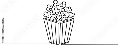 One single line drawing of fresh salty pop corn with stripped patter paper box vector graphic illustration. Snack for watching movies concept. one line Icon drawing