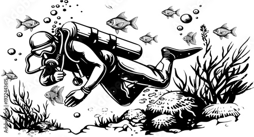 Vector illustration seamless pattern diving, underwater, ocean, sea, scuba, swimmer, background, marine, aquatic, wallpaper, snorkel, water, diver, deep, blue, summer