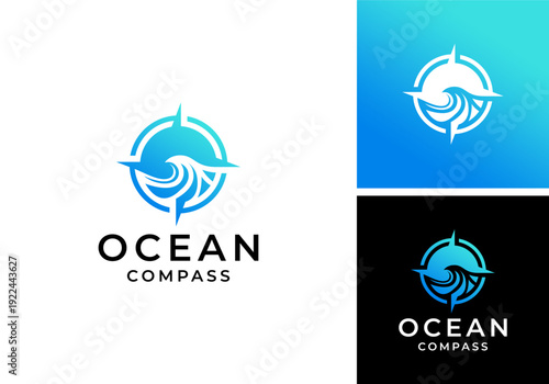 compass icon logo design vector with sea waves